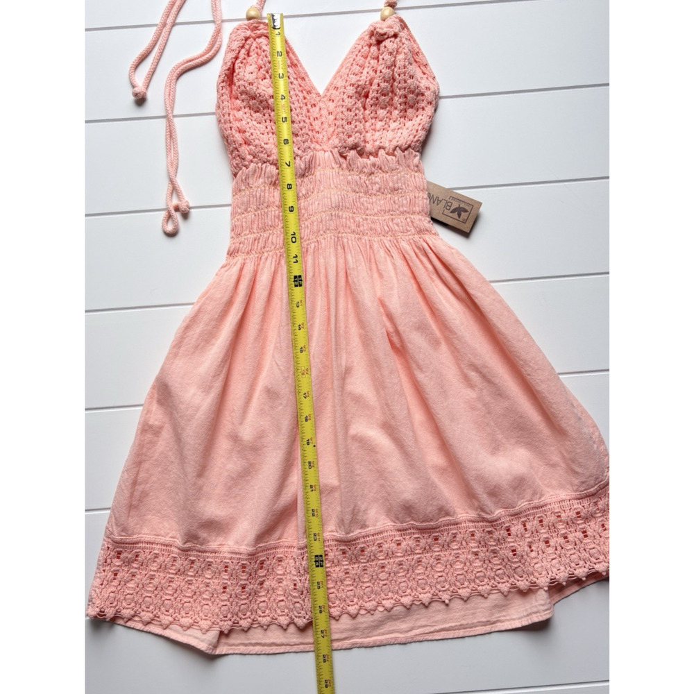 Blanco Coral Pink Crochet Lace Halter Mini Dress Size S Smocked Boho Cottagecore - Picture 12 of 12